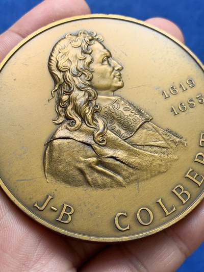 《竞宝斋》第406场 周日，周一，2场连拍 （全场包邮） 法国海军及殖民地部长科尔贝逝世200周年纪念铜章 巴黎造币场铸造 167.3克 67.6mm 1983 丰饶角铜标