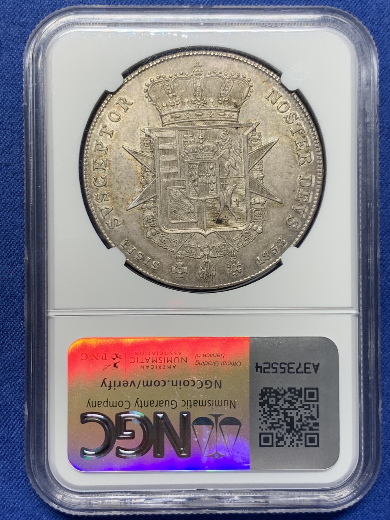 《竞宝斋》第406场 周日，周一，2场连拍 （全场包邮） NGC MS62 意大利1858年托斯卡纳利奥波德二世4菲奥里尼大银币，少见年份不是常见的1856年。淡酱彩包浆非常漂亮，高分非常不易，自藏足够