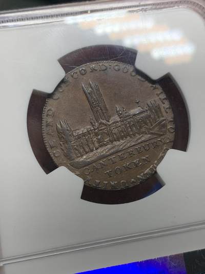 《竞宝斋》第406场 周日，周一，2场连拍 （全场包邮） NGC MS61 英国1794肯特郡坎特伯雷1/2便士铜代用币 难得带光好品 背面教堂景观非常漂亮