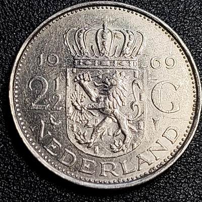 泉币菌-第67场-精品场 - 荷兰王国 1969年 2.5盾 朱莉安娜女王 29mm 荷兰入欧前 绝版