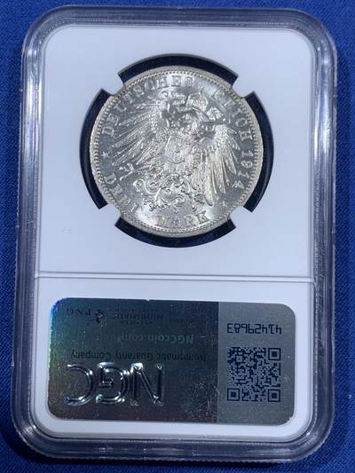 《竞宝斋》第406场 周日，周一，2场连拍 （全场包邮） NGC MS63 德国 1914A 戎装3马克 转光强烈，相比1913马克更加难得