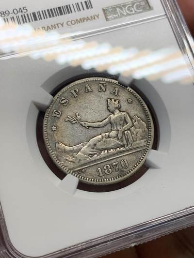 《竞宝斋》第406场 周日，周一，2场连拍 （全场包邮） NGC XF40 西班牙坐人1870年拿花女神双柱2比塞塔银币