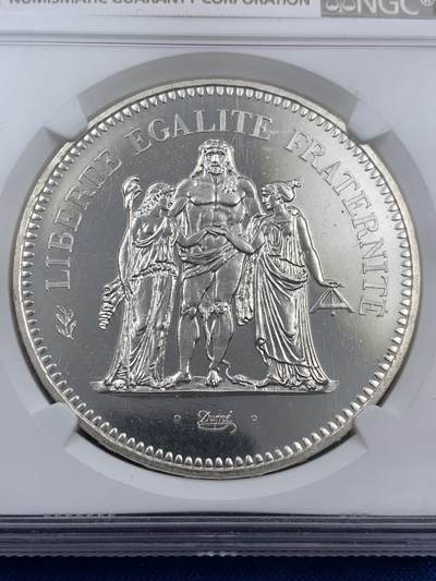 《竞宝斋》第406场 周日，周一，2场连拍 （全场包邮） NGC SP67 法国1980年大力神50法郎大银币（SP版本）稀少