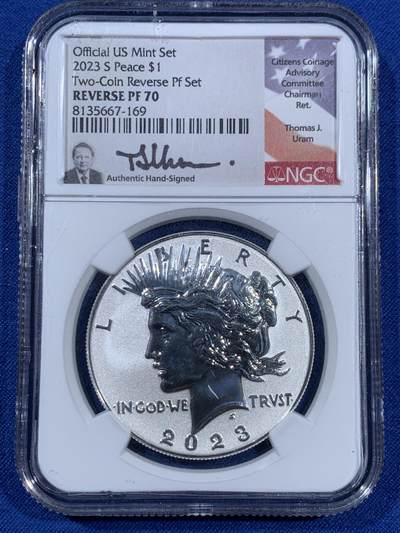 《竞宝斋》第406场 周日，周一，2场连拍 （全场包邮） NGC PF70UC 美国2023年和平银元反向精制1美元银币，PROOF反向精制币，高浮雕设计，币面清爽干净又漂亮，打制精美，状态一流，冠军分。