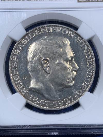 《竞宝斋》第406场 周日，周一，2场连拍 （全场包邮） NGC MS64 德国 1927年兴登堡80大寿纪念币型章 高分好状态
