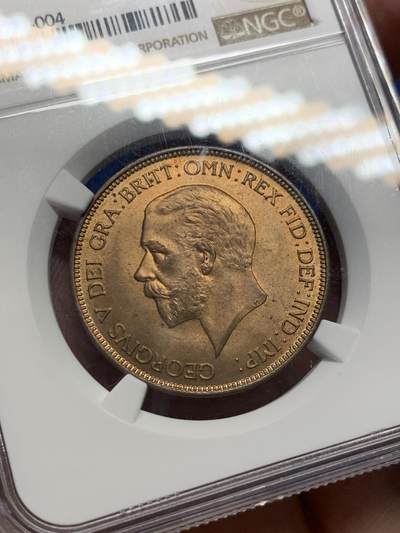 《竞宝斋》第406场 周日，周一，2场连拍 （全场包邮） NGC MS63RB 英国1963年乔治五世便士铜币