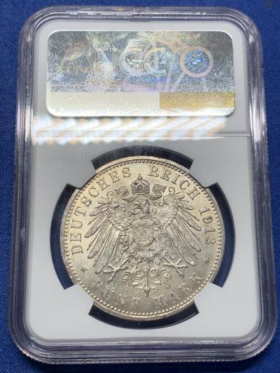 《竞宝斋》第406场 周日，周一，2场连拍 （全场包邮） NGC MS62 德国1913年威廉二世军装五马克 收藏级别 个人感觉低评