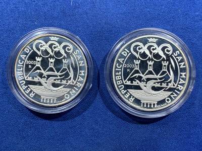 《竞宝斋》第406场 周日，周一，2场连拍 （全场包邮） 圣马力诺2003年雅典奥运会2枚全银精制纪念套币 盒证全 总重40克 925银