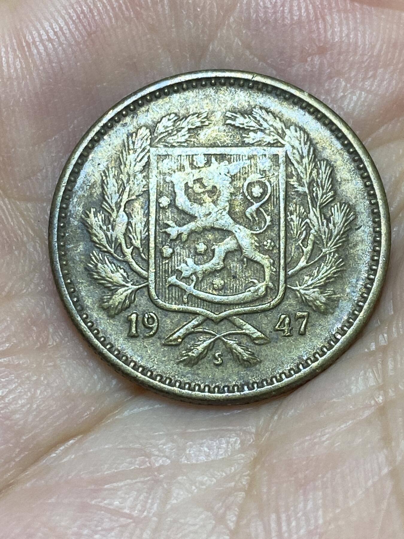 2025年第七十二场(总第九十八场）外国好品散币(免佣金) 芬兰🇫🇮1947年5马克(第二版，黄铜材质早期S标)