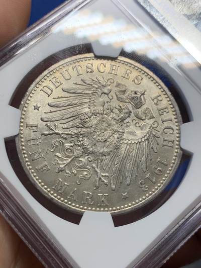 《竞宝斋》第406场 周日，周一，2场连拍 （全场包邮） NGC MS62 德国1913年威廉二世军装五马克 收藏级别 个人感觉低评