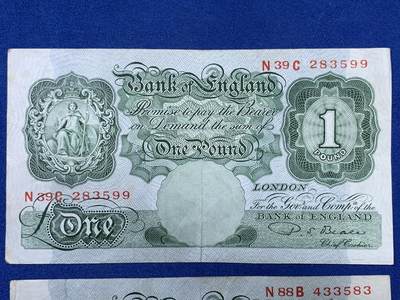 《竞宝斋》第406场 周日，周一，2场连拍 （全场包邮） 两张一组 英国A序列1镑纸币 品相不错