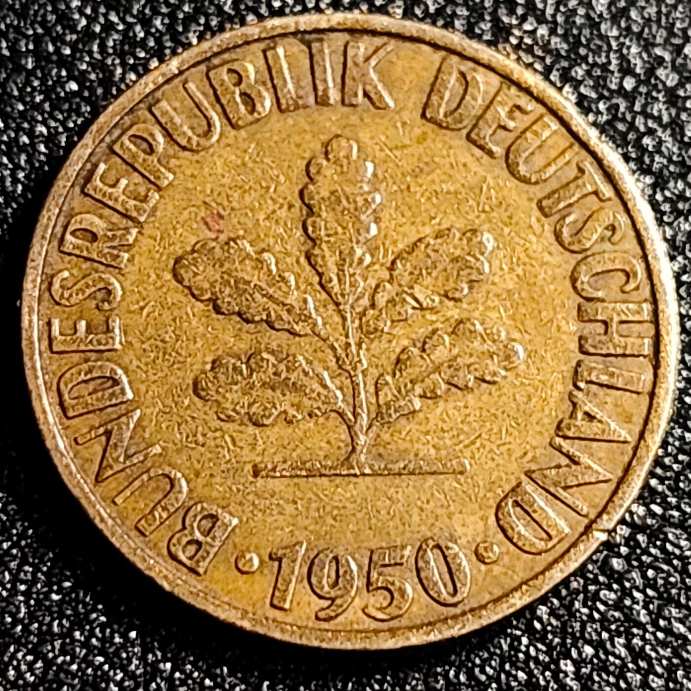 泉币菌-第66场-精品场 美品 联邦德国1950年 10芬尼硬币 橡树麦穗  银行版 21.5mm