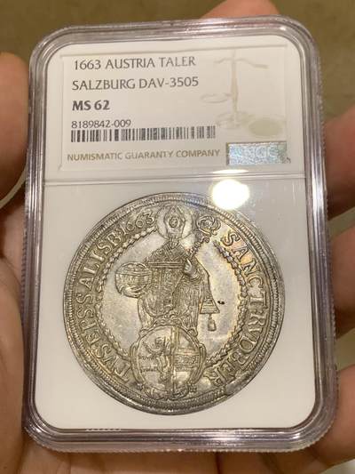 《竞宝斋》第406场 周日，周一，2场连拍 （全场包邮） 冠军分 NGC MS62 神圣罗马帝国 1663年 萨尔茨堡 抱婴泰勒银币 同分2019年8200成交 本枚略低评