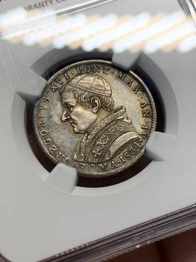 《竞宝斋》第406场 周日，周一，2场连拍 （全场包邮） NGC MS62 教皇国 1834年 格里高利十六世 30BAI 银币