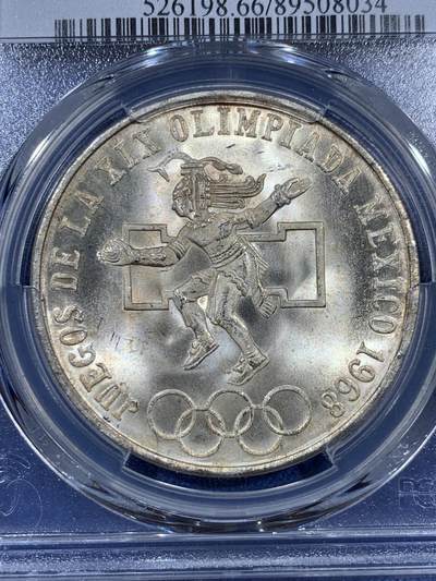 《竞宝斋》第406场 周日，周一，2场连拍 （全场包邮） PCGS-MS66 1968墨西哥25比索 奥运纪念 经典品种 卷拆品 两面爆光 银光赏心悦目 适合收藏