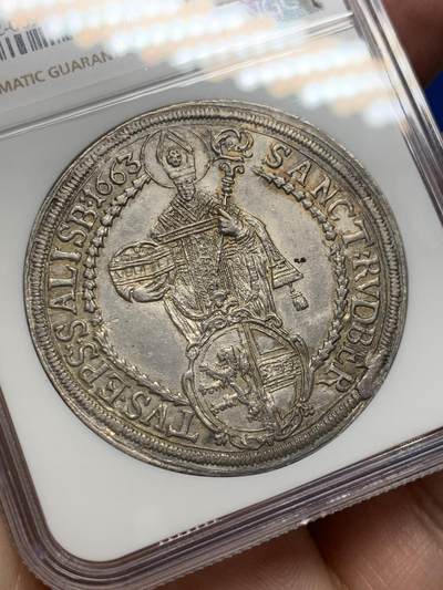 《竞宝斋》第406场 周日，周一，2场连拍 （全场包邮） 冠军分 NGC MS62 神圣罗马帝国 1663年 萨尔茨堡 抱婴泰勒银币 同分2019年8200成交 本枚略低评