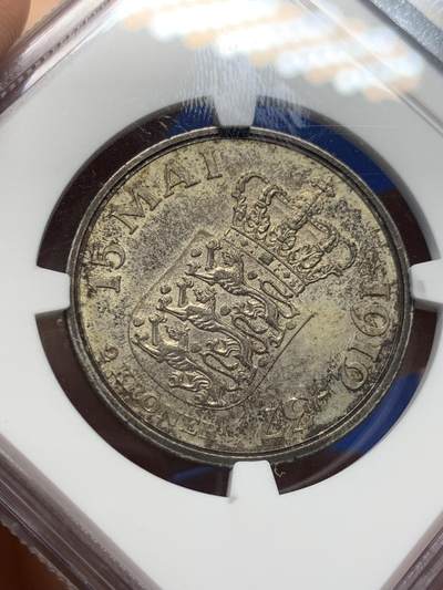 《竞宝斋》第406场 周日，周一，2场连拍 （全场包邮） NGC MS62 丹麦1937年登基25周年2克朗纪念币