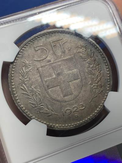《竞宝斋》第406场 周日，周一，2场连拍 （全场包邮） NGC AU53 瑞士1923年5法郎大版高银银币，美品