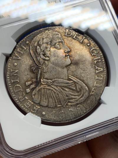 《竞宝斋》第406场 周日，周一，2场连拍 （全场包邮） NGC AU 墨西哥1809年费七戎装版双柱大银币