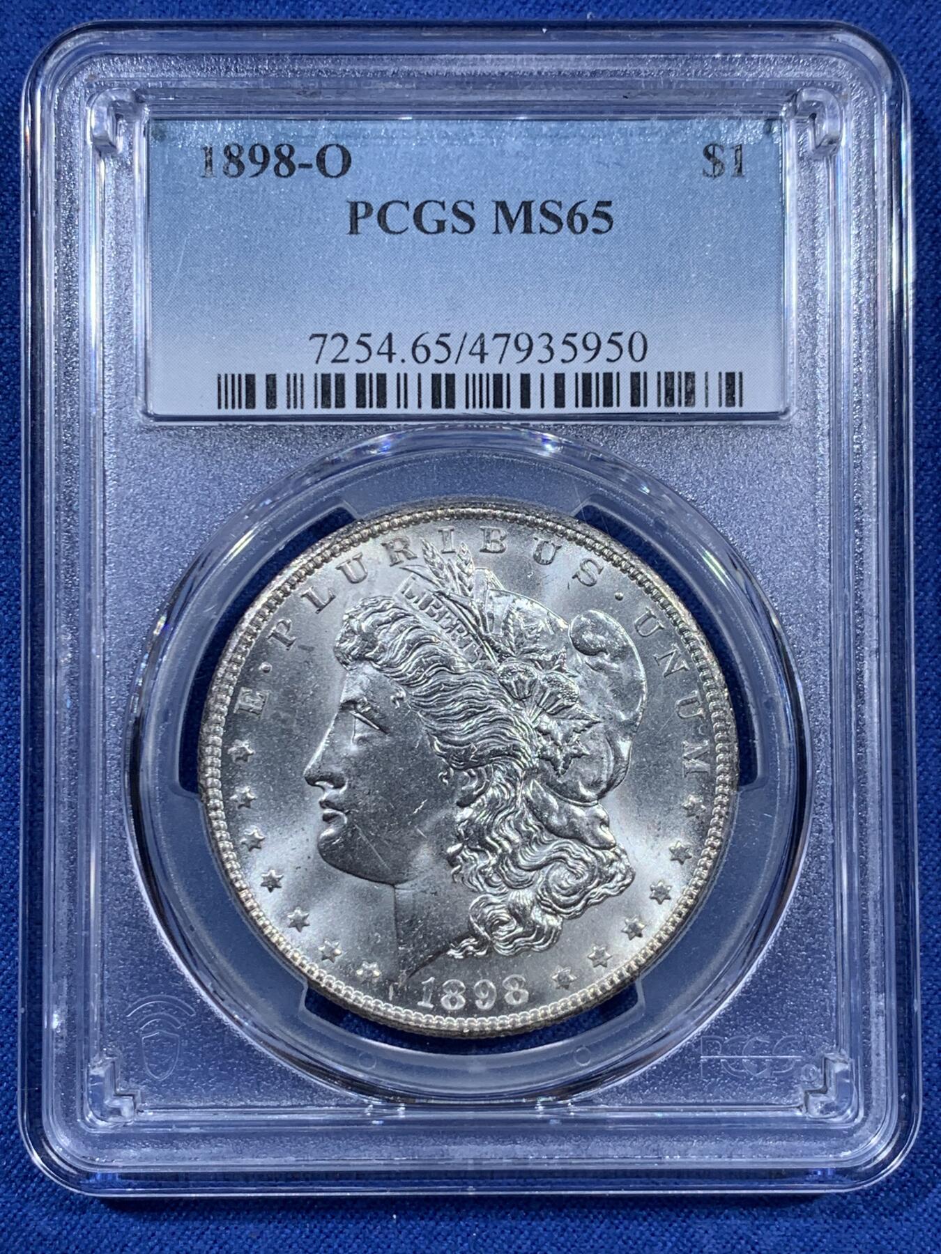 《竞宝斋》第406场 周日，周一，2场连拍 （全场包邮） PCGS MS65 美国1898年摩根O版1美元银币 白净犀利