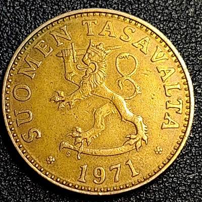 泉币菌-第67场-精品场 美品 1971年 芬兰50芬尼铜币 持剑狮子 25mm