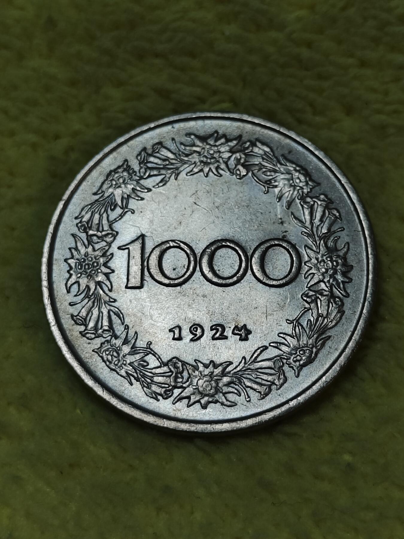 2025年第七十二场(总第九十八场）外国好品散币(免佣金) 好品–奥地利🇦🇹1924单年份1000克朗(二战前共和国套币最大面值)