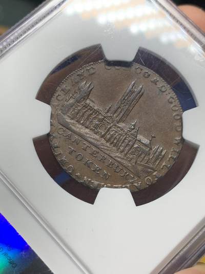 《竞宝斋》第406场 周日，周一，2场连拍 （全场包邮） NGC MS61 英国1794肯特郡坎特伯雷1/2便士铜代用币 难得带光好品 背面教堂景观非常漂亮