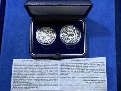 《竞宝斋》第406场 周日，周一，2场连拍 （全场包邮） 圣马力诺2003年雅典奥运会2枚全银精制纪念套币 盒证全 总重40克 925银