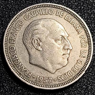 泉币菌-第67场-精品场 西班牙1957年5比塞塔 弗朗哥鹰徽23mm