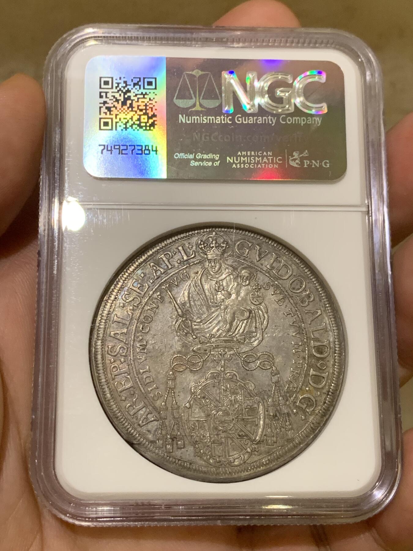 《竞宝斋》第406场 周日，周一，2场连拍 （全场包邮） 冠军分 NGC MS62 神圣罗马帝国 1663年 萨尔茨堡 抱婴泰勒银币 同分2019年8200成交 本枚略低评