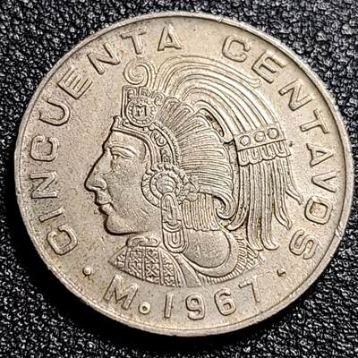 泉币菌-第66场-精品场 - 少见 墨西哥1967年50分铜镍币 阿兹特克文明羽蛇神 民族英雄瓜特穆斯 25mm 