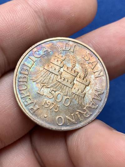 《竞宝斋》第406场 周日，周一，2场连拍 （全场包邮） 圣马利诺 1975年 石匠500里拉 UNC 原光好彩 11g 835银