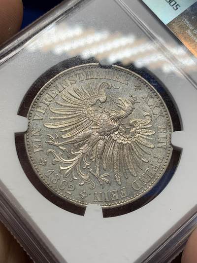 《竞宝斋》第406场 周日，周一，2场连拍 （全场包邮） NGC AU58 德国 1862年 1泰勒  银币 原味淡金色包浆