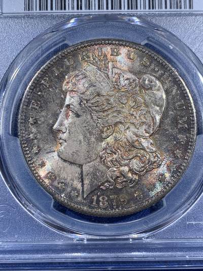 《竞宝斋》第406场 周日，周一，2场连拍 （全场包邮） PCGS MS64 美国 1879年 1美元 摩根 银币 五彩包浆 HA-MS64分拍卖价格在1300元 经典品种