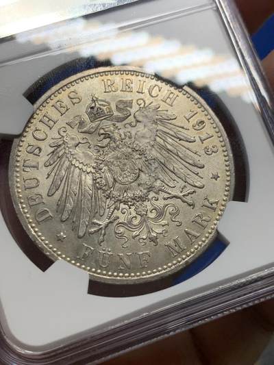 《竞宝斋》第406场 周日，周一，2场连拍 （全场包邮） NGC MS62 德国1913年威廉二世军装五马克 收藏级别 个人感觉低评