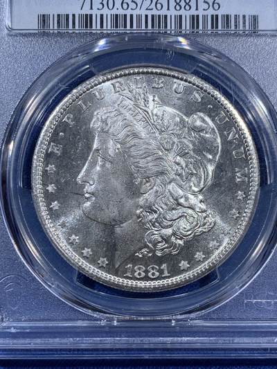《竞宝斋》第406场 周日，周一，2场连拍 （全场包邮） PCGS MS65 美国 1881-S 摩根1美元银元  类镜面效果 光度很好
