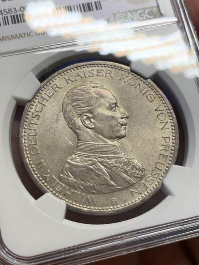 《竞宝斋》第406场 周日，周一，2场连拍 （全场包邮） NGC MS62 德国1913年威廉二世军装五马克 收藏级别 个人感觉低评