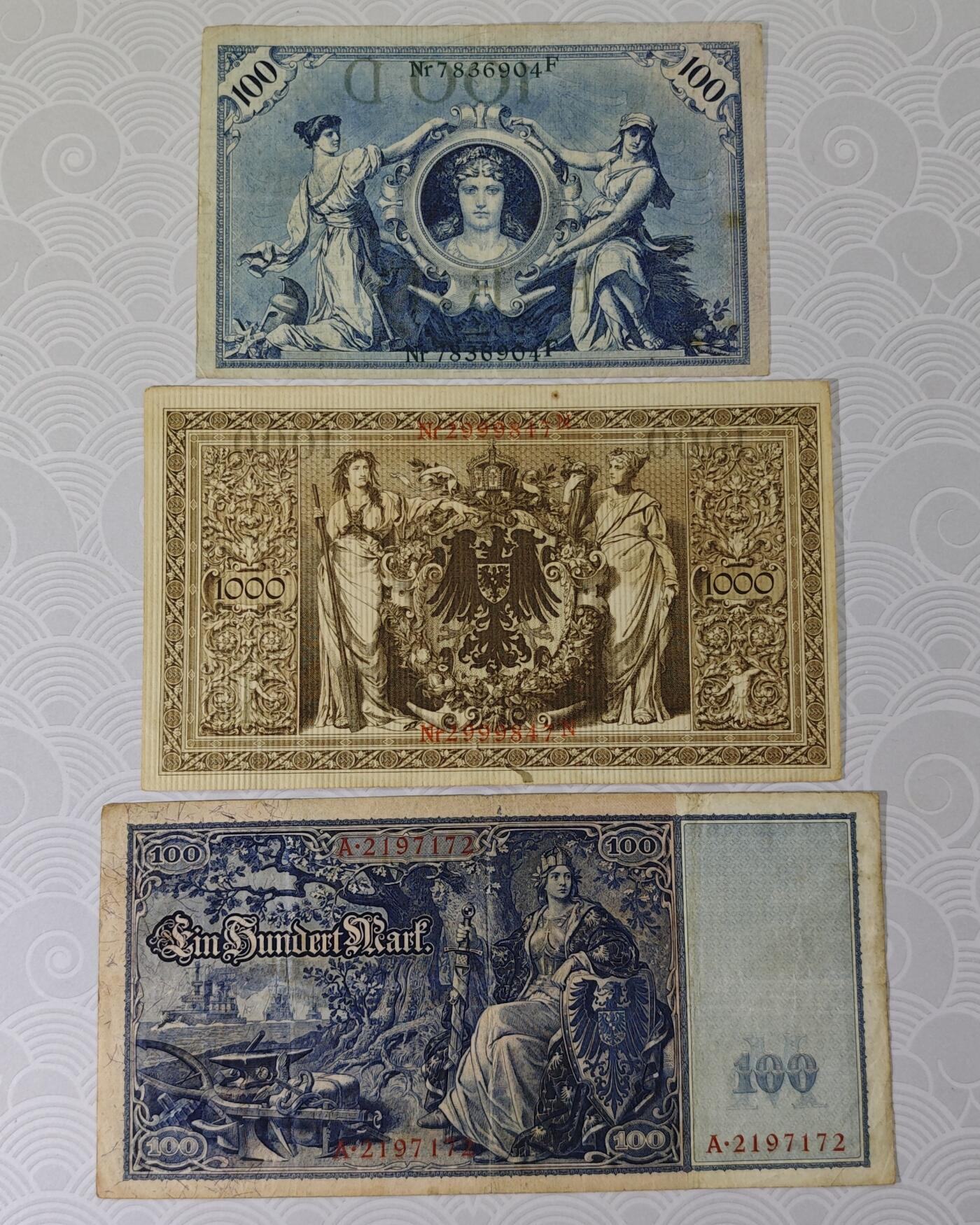 德国马克早期大票幅3张老版纸币原票美品
