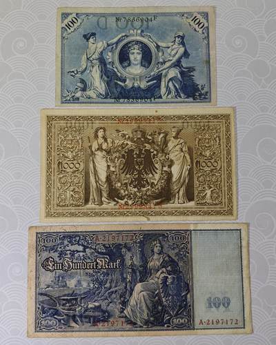 德国马克早期大票幅3张老版纸币原票美品 - 德国马克早期大票幅3张老版纸币原票美品