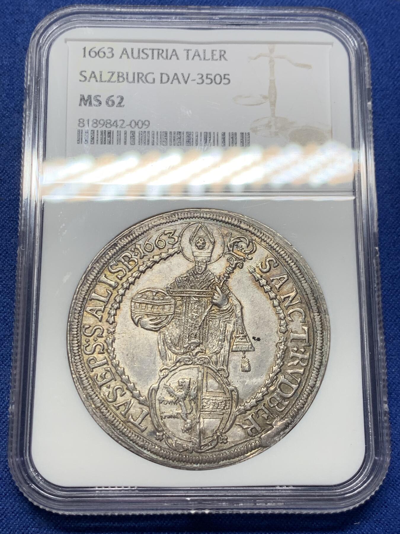 《竞宝斋》第406场 周日，周一，2场连拍 （全场包邮） 冠军分 NGC MS62 神圣罗马帝国 1663年 萨尔茨堡 抱婴泰勒银币 同分2019年8200成交 本枚略低评