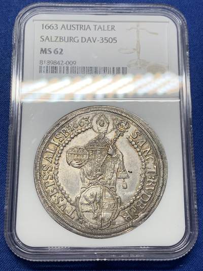 《竞宝斋》第406场 周日，周一，2场连拍 （全场包邮） 冠军分 NGC MS62 神圣罗马帝国 1663年 萨尔茨堡 抱婴泰勒银币 同分2019年8200成交 本枚略低评