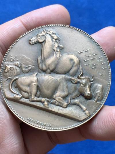 《竞宝斋》第406场 周日，周一，2场连拍 （全场包邮） 法国畜牧业农业铜章 75克 50.2mm 带盒