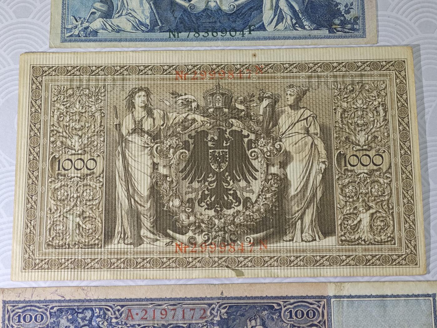 德国马克早期大票幅3张老版纸币原票美品