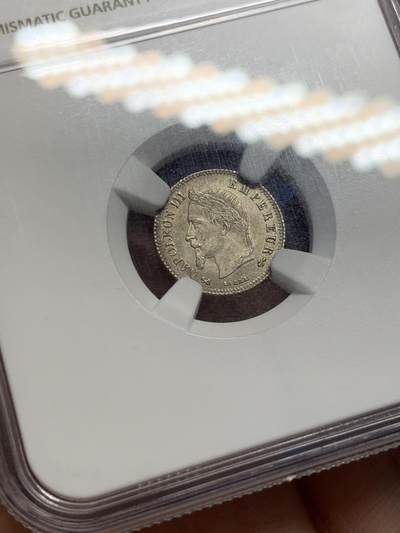 《竞宝斋》第406场 周日，周一，2场连拍 （全场包邮） NGC MS65 法国1866年拿破仑三世20分银币 顶级原光五彩