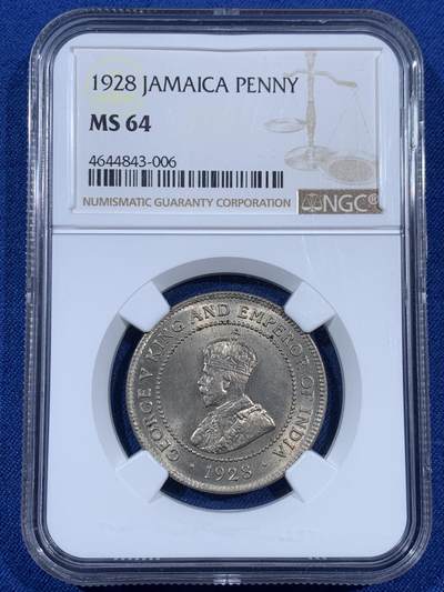 《竞宝斋》第406场 周日，周一，2场连拍 （全场包邮） NGC MS64 牙买加乔治五世1928年1便士大镍币，铸量36万枚，不多见的品种，比本土便士少见太多。双面转光流畅，收藏级高分