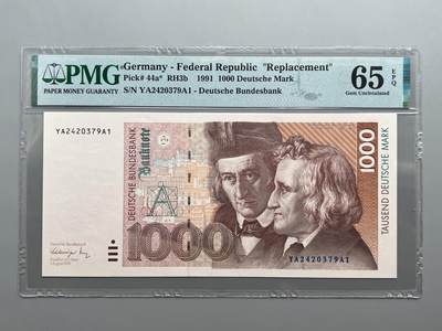 PMG 65EPQ 德国1991年1000马克 格林兄弟 YA补号 - PMG 65EPQ 德国1991年1000马克 格林兄弟 YA补号