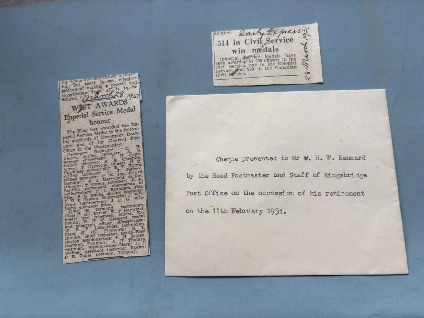 盛世勋华——号角文化勋章邮票专场拍卖第273期 1951年英国帝国服务奖章获得者获得信件及简报