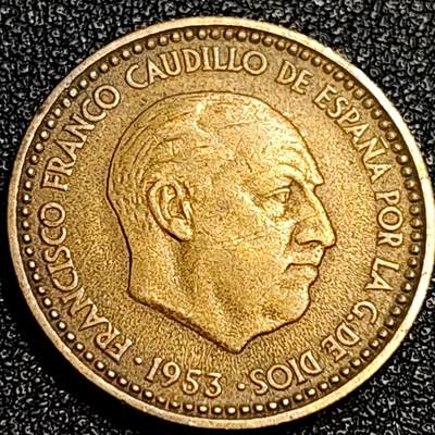 泉币菌-第67场-精品场 少见年份 西班牙1953 年1比塞塔 独裁者佛朗哥 铝青铜币 硬币 21mm 