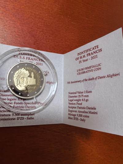 长老汇蛇年精选第三十场拍卖 2021梵蒂冈但丁逝世700周年2欧元精制双金属币，9300枚，盒证全