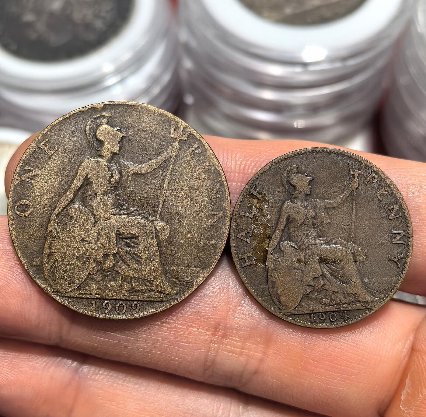 南宋泉阁俄币 外币 国币 专场第十五期【送拍无额外佣金】 英国 1909/1904年 爱德华七世1便士/半便士一对 通货 老包浆